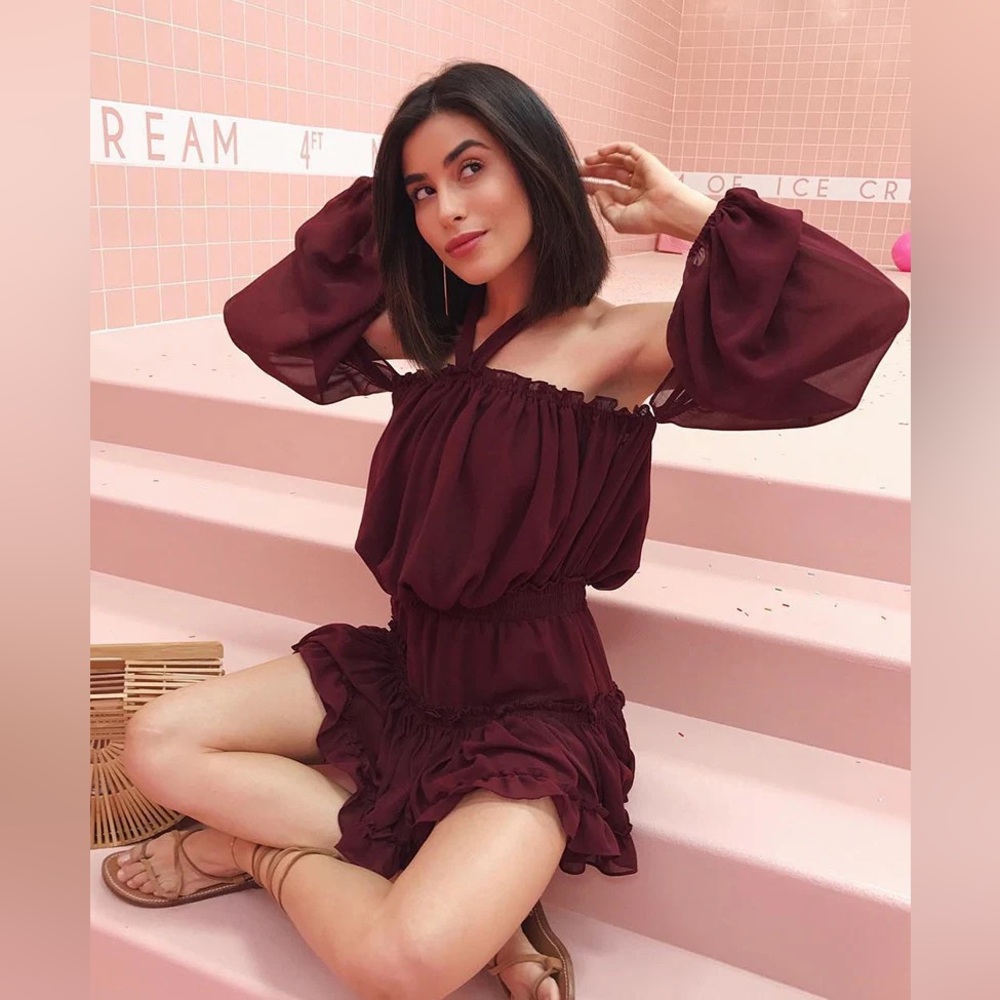 Misa Los Angeles Off-the-Shoulder Burgundy Mini Blouson Dress